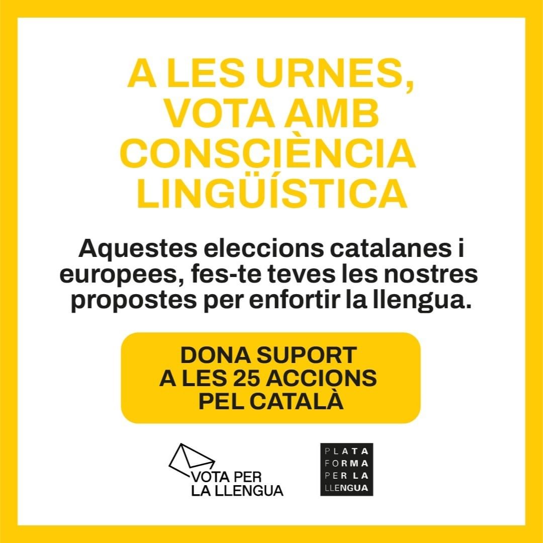 ❗ El català es troba en una situació d’emergència lingüística i és necessari que les administracions compleixin la normativa vigent i emprenguin mesures per promocionar-ne l’ús. 💬

És per això que cal:

🤝 Garantir el dret a viure plenament en català de tota la ciutadania, independentment del seu origen, lloc de residència, nivell socioeconòmic, grau de discapacitat, etc.

🎒 Fomentar l’ús social de la llengua catalana, especialment entre els joves i entre les persones nouvingudes, de manera que el català torni a ser considerada la llengua comuna de trobada, llengua de prestigi i palanca d’ascens social, i garantia de millores socioeconòmiques.

⚖ Situar el català, també des d’un punt de vista legal, com una llengua de primera, considerant els drets lingüístics dels catalanoparlants com a drets humans que cal garantir.

Aquestes eleccions catalanes i europees, i sempre #VotaPerLaLlengua! 🗳

Més informació a votaperlallengua.cat o a l'enllaç de la biografia! #12M #9J