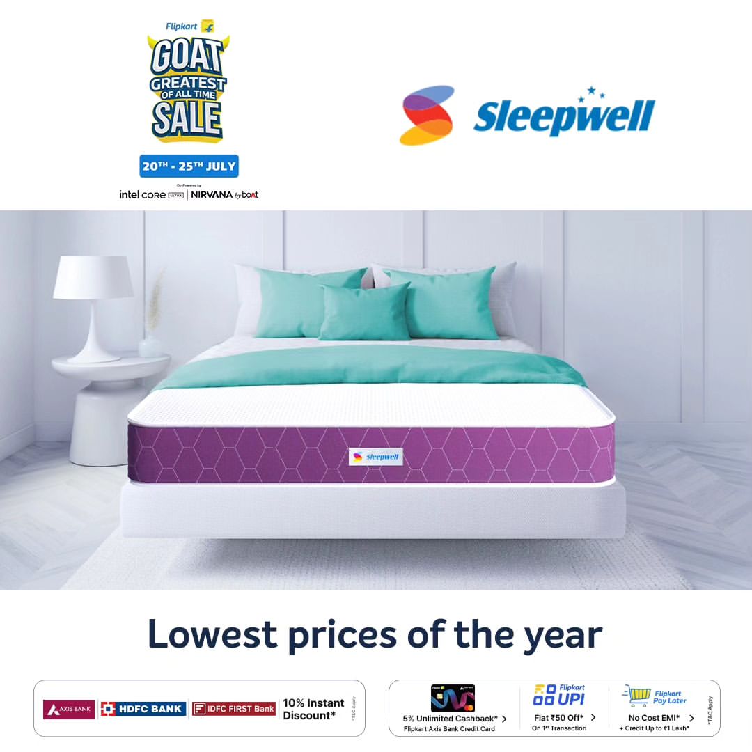 Flipkart G.O.A.T sale is now live! 

Get great deals from Sleepwell on Mattresses.

[Mattress, Mattresses, Sleep, Sleepw...