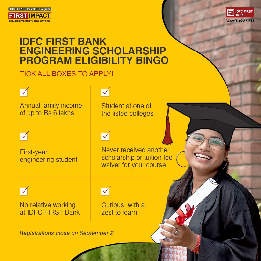 The IDFC FIRST Bank #Engineering #Scholarship Program is crafted to equip aspiring engineering students to overcome fina...