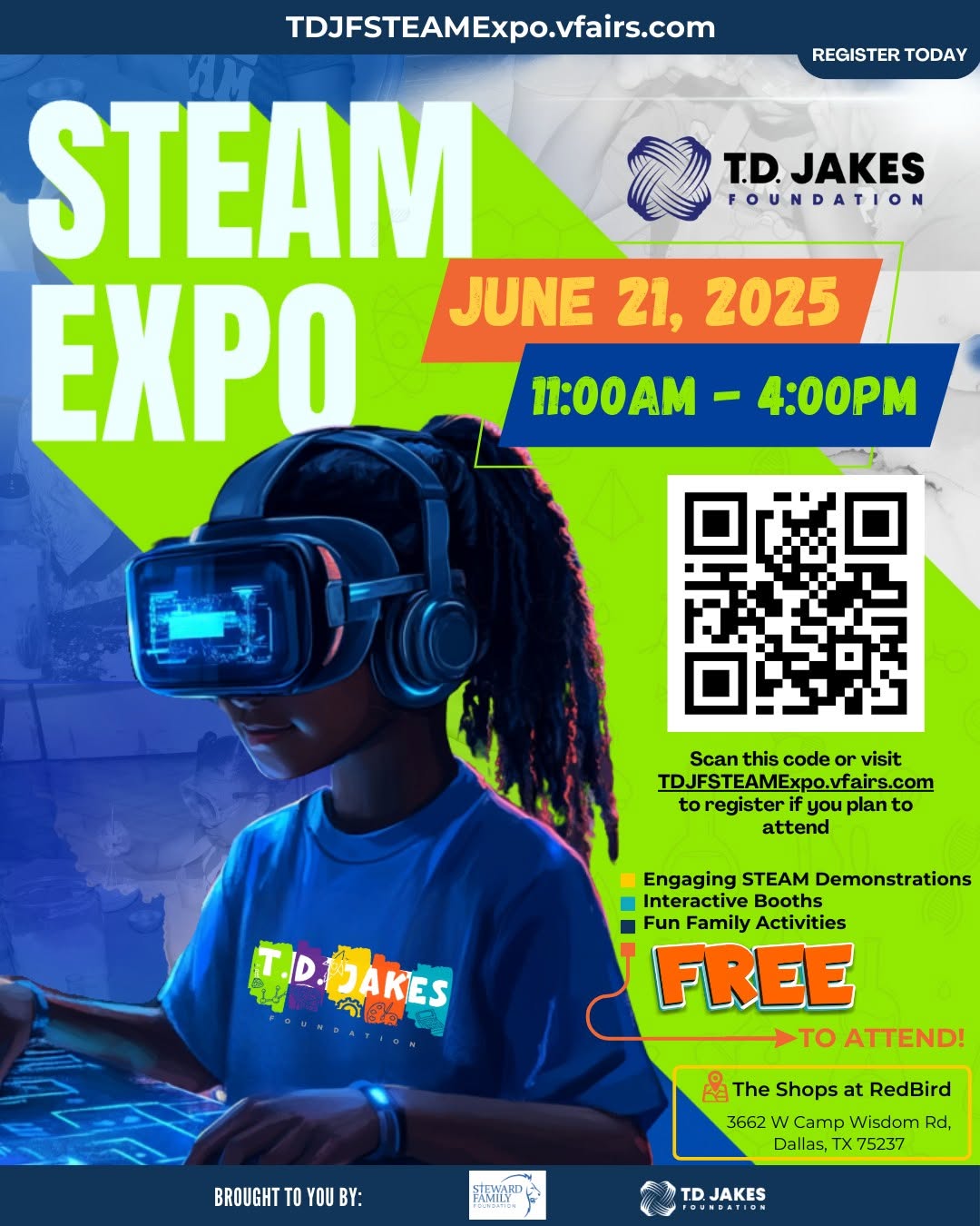 Looking for a fun, FREE, and educational way to spend the day? Join us for the STEAM Expo — a family-friendly event packed with hands-on learning, discovery, and excitement!

📍 Saturday, June 21
🕚 11 AM – 4 PM
📍 @shopsatredbird 
💥 FREE to attend!

🧠 STEAM demos
🎨 Creative booths
🤖 Interactive activities for all ages

✨ Let’s inspire the next generation—together!

🔗 Registration link in bio

#TDJFSTEAMExpo #FamilyFun #STEMForKids #DallasEvents #Juneteenth #FreeDallasEvents #STEAMExpo2025