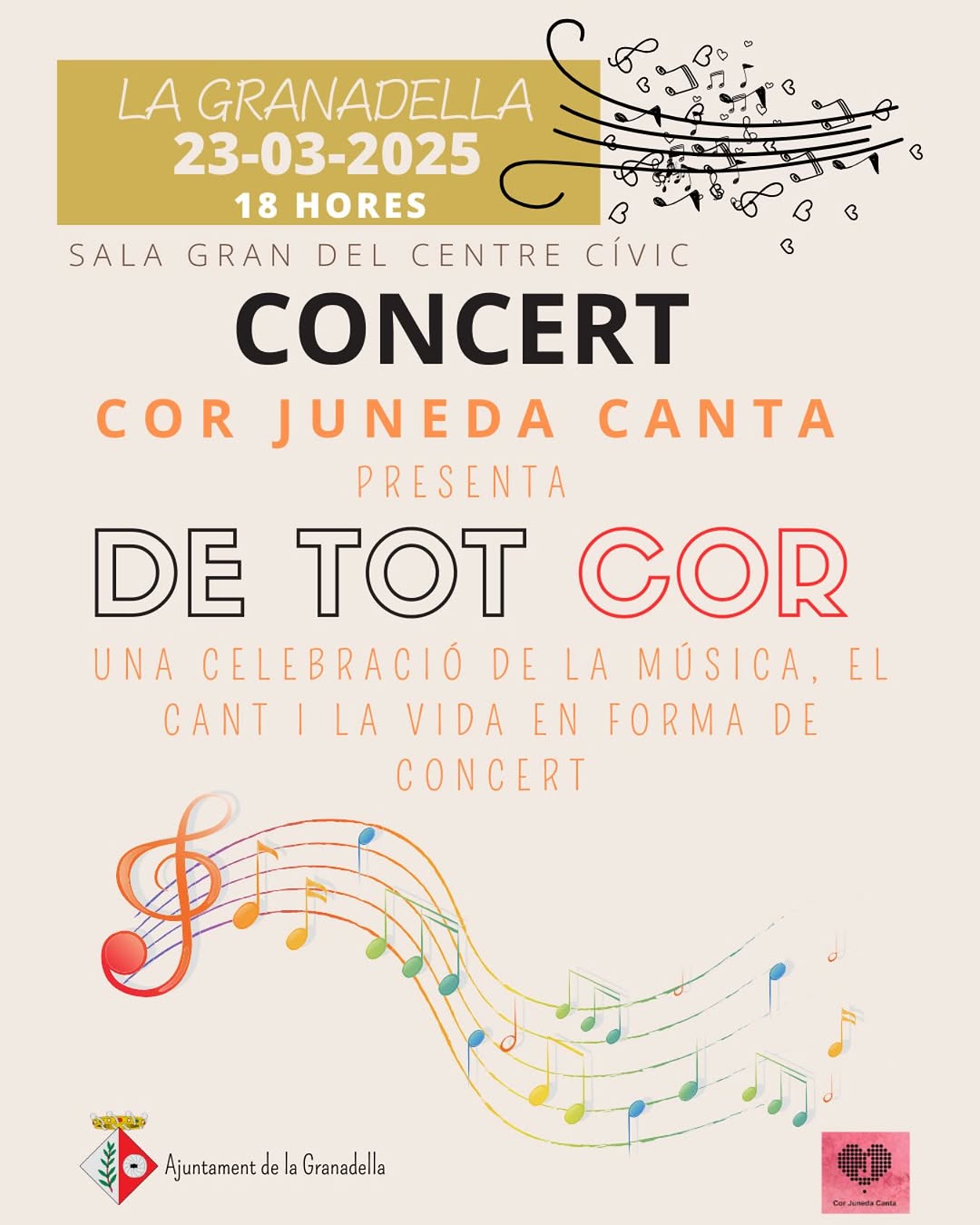 El proper diumenge 23 de març us convidem a gaudir amb el concert de la coral: “Cor Juneda canta”.