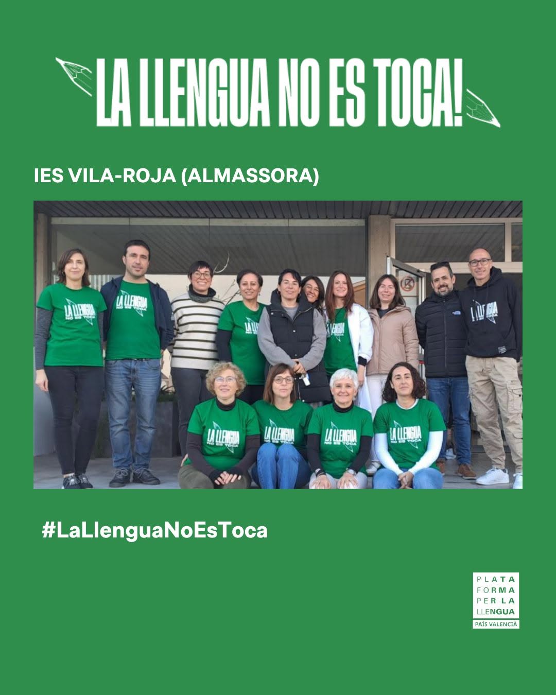 ✅ Tria valencià cada dia i els dijous, posa't la samarreta verda! #LaLlenguaNoEsToca #TriaValencià

🟢 IES Vila-Roja (Almassora)
🟢 CEIP Mirantbò (Callosa d'en Sarrià)
🟢 IES La Vereda (La Pobla de Vallbona)
🟢 IES de Xàtiva (Xàtiva)

😊 I recorda: si encara no tens la teua samarreta, aconsegueix-la a l’enllaç de la nostra bio!