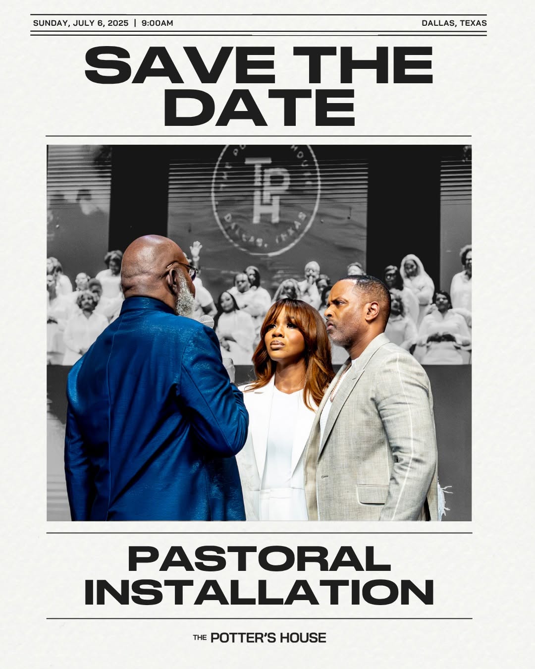 Join us Sunday, July 6, as we officially install Pastors @ToureRoberts and @SarahJakesRoberts as the new senior leaders of The Potter’s House of Dallas.
 
What God is doing in this House is sacred, generational, and full of purpose. This is more than a ceremony — it’s a divine assignment.
 
Be in the room for this historic moment of commissioning, covering, and calling.
 
📅 Sunday, July 6
🕘 9 a.m. CT
📍 The Potter’s House of Dallas
 
#TPHDallas #TheMantleEvolves