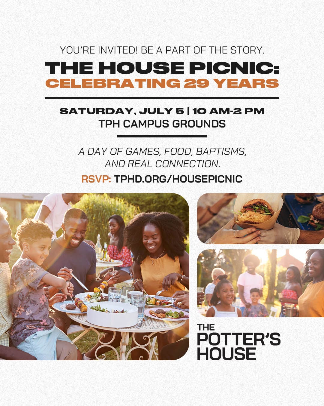 29 years of making space. 
29 years of faithful ministry. 
29 years of home. 
 
“The House Picnic: Celebrating 29 Years” is ON this Saturday! We’re celebrating all God has done through this house — and we want you and the family there. 
 
We’ll have food trucks, a live DJ, game tables, as well as bounce houses for kids, zip lining and obstacle courses for older youth and adults, an indoor bingo lounge for our senior saints, and more! 

📍Saturday, July 5 | 10 a.m.-2 p.m. 
📲 Let us know you’re coming ➡️ TPHD.org/HousePicnic 

#TPHDallas #TheHousePicnic #Celebrating29Years