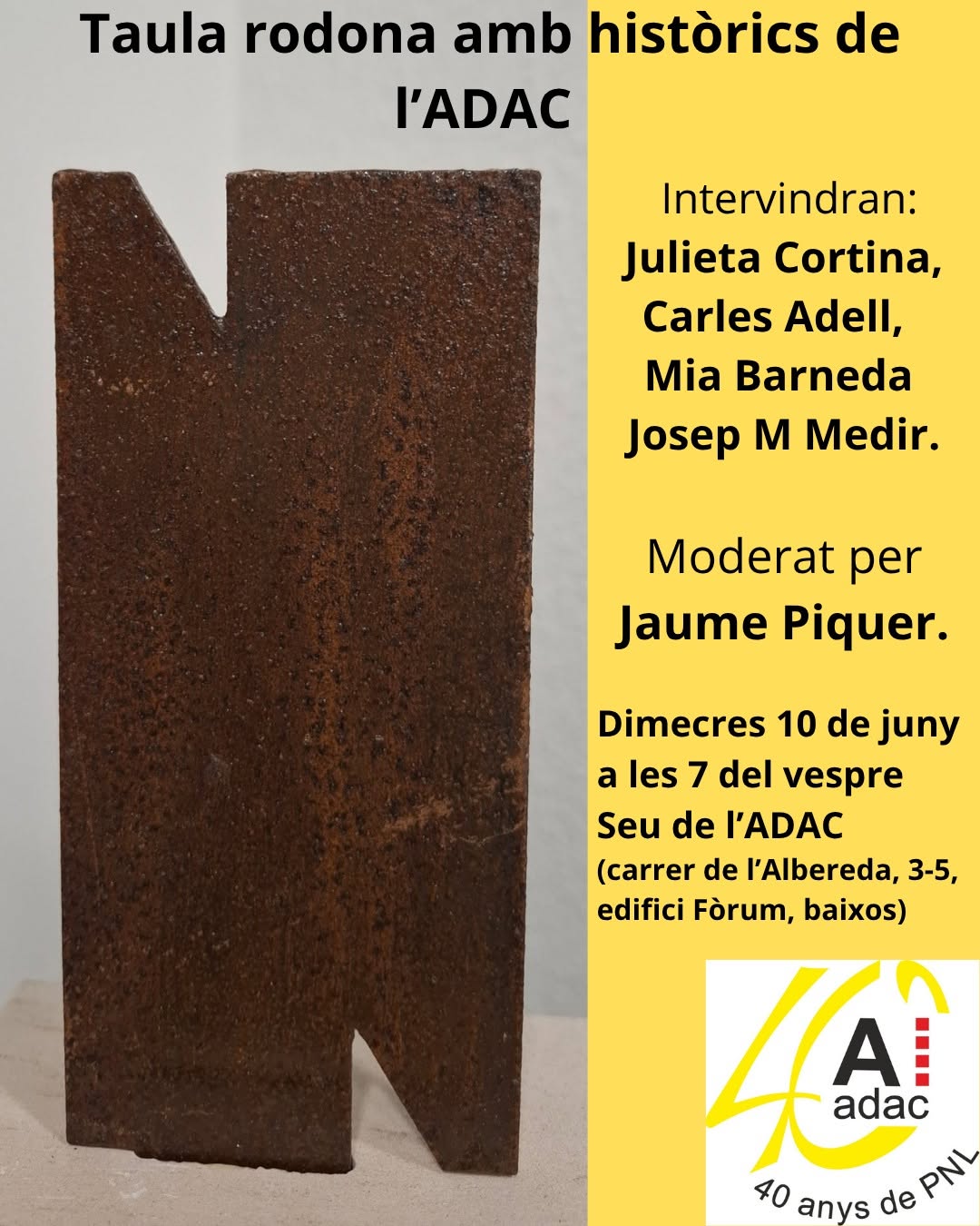 📢 Dimecres 10 · 19.00 h
🗣️ Taula rodona amb històrics de l’ADAC
Parlarem dels inicis dels Premis de Normalització Lingüística de la mà de persones que en van ser protagonistes.
👥 Hi intervindran:
• Julieta Cortina
• Carles Adell
• Mia Barneda
• Josep M. Medir

🎤 Moderat per Jaume Piquer.

Una oportunitat per conèixer la història i l'evolució dels premis que atorga l'Adac a través dels seus protagonistes.
#adac #premisnormalitzaciólingüística #llenguacatalana