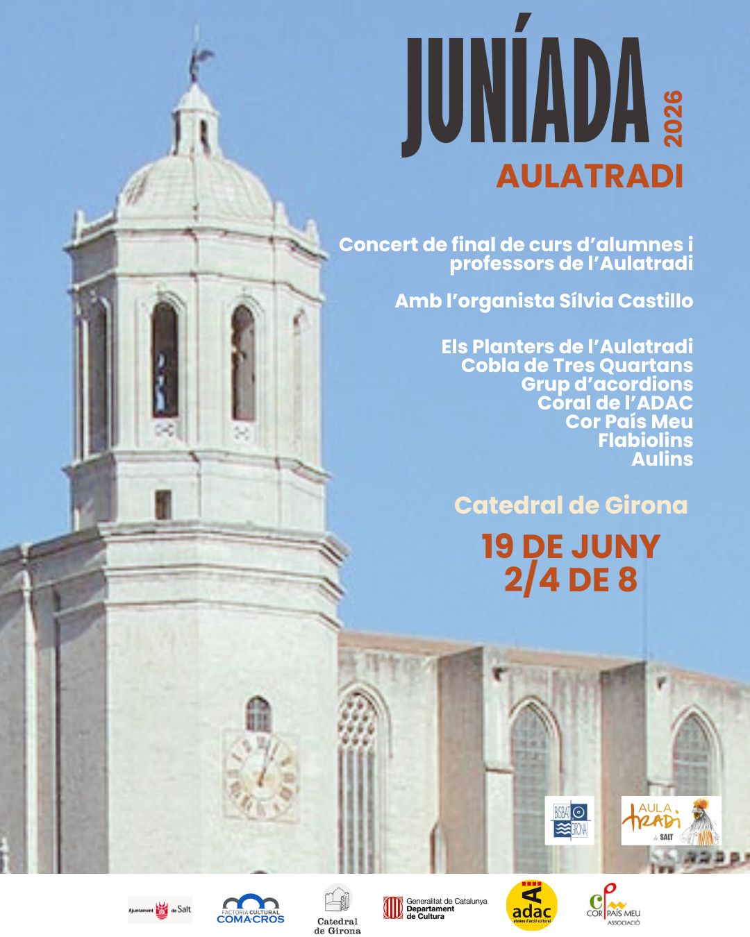 🎶 Concert de Final de Curs de l'Aulatradi 🎶

Us convidem a gaudir del concert de final de curs dels alumnes i professors de l'Aulatradi, amb la col·laboració especial de la Coral de l'ADAC.

📅 Divendres, 19 de juny
🕢 2/4 de 8 del vespre

Us hi esperem! 🎻🎤🎶