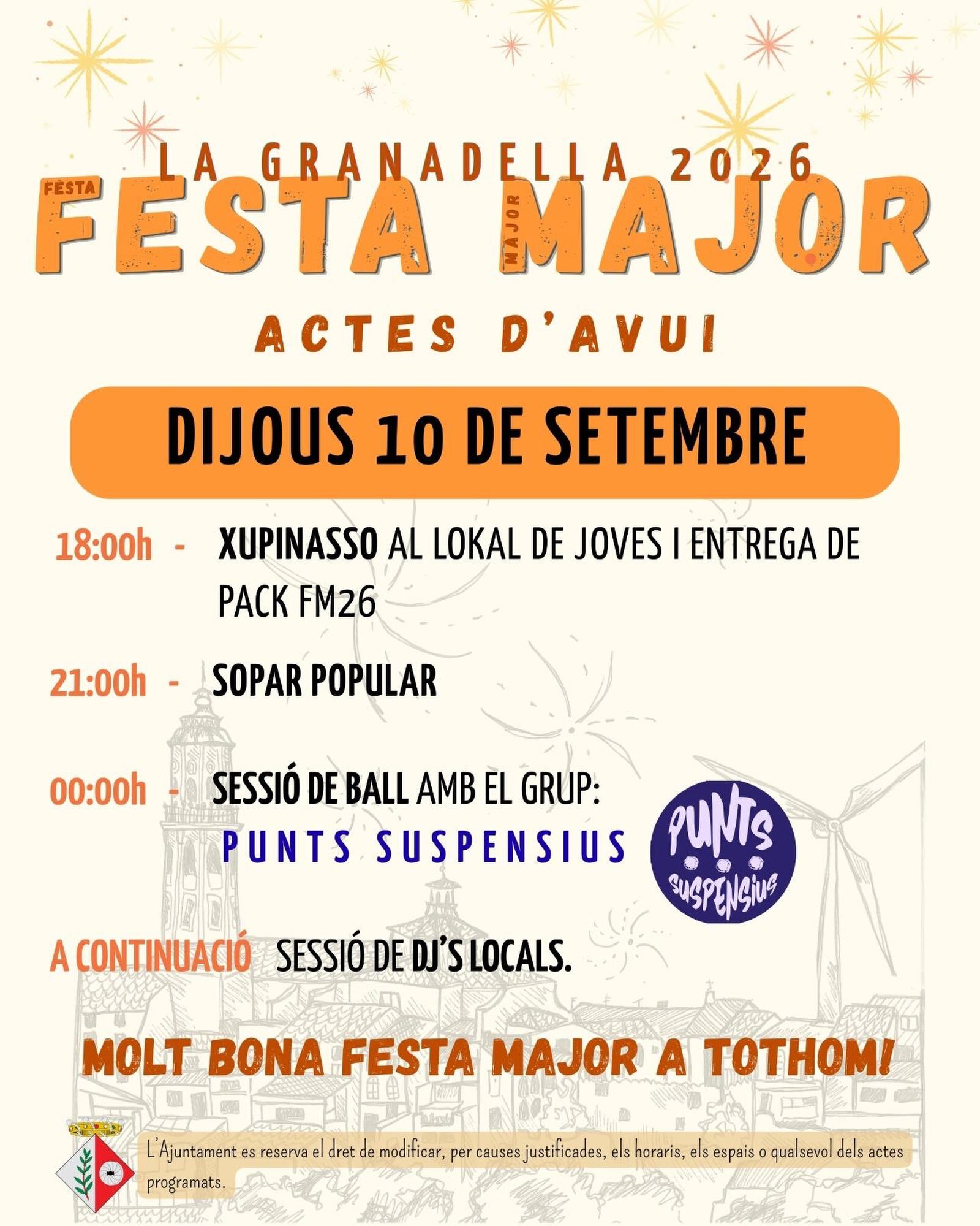 Avui comença la nostra Festa Major 2026!

Arriben dies de festa, de retrobaments, de música, de compartir taula i, sobretot, de gaudir del nostre poble i de la nostra gent.
Avui dijous donem el tret de sortida a cinc dies de Festa Major! Consulteu els actes programats per aquest dijous i… que no pari la festa!
Des de l’Ajuntament de la Granadella us desitgem a totes i a tots una molt bona Festa Major 2026! 

Gaudim-la, compartim-la i fem poble. Fem-ho amb alegria, respecte i convivència, perquè tothom en pugui gaudir. 

Bona Festa Major, granadellenques i granadellencs!