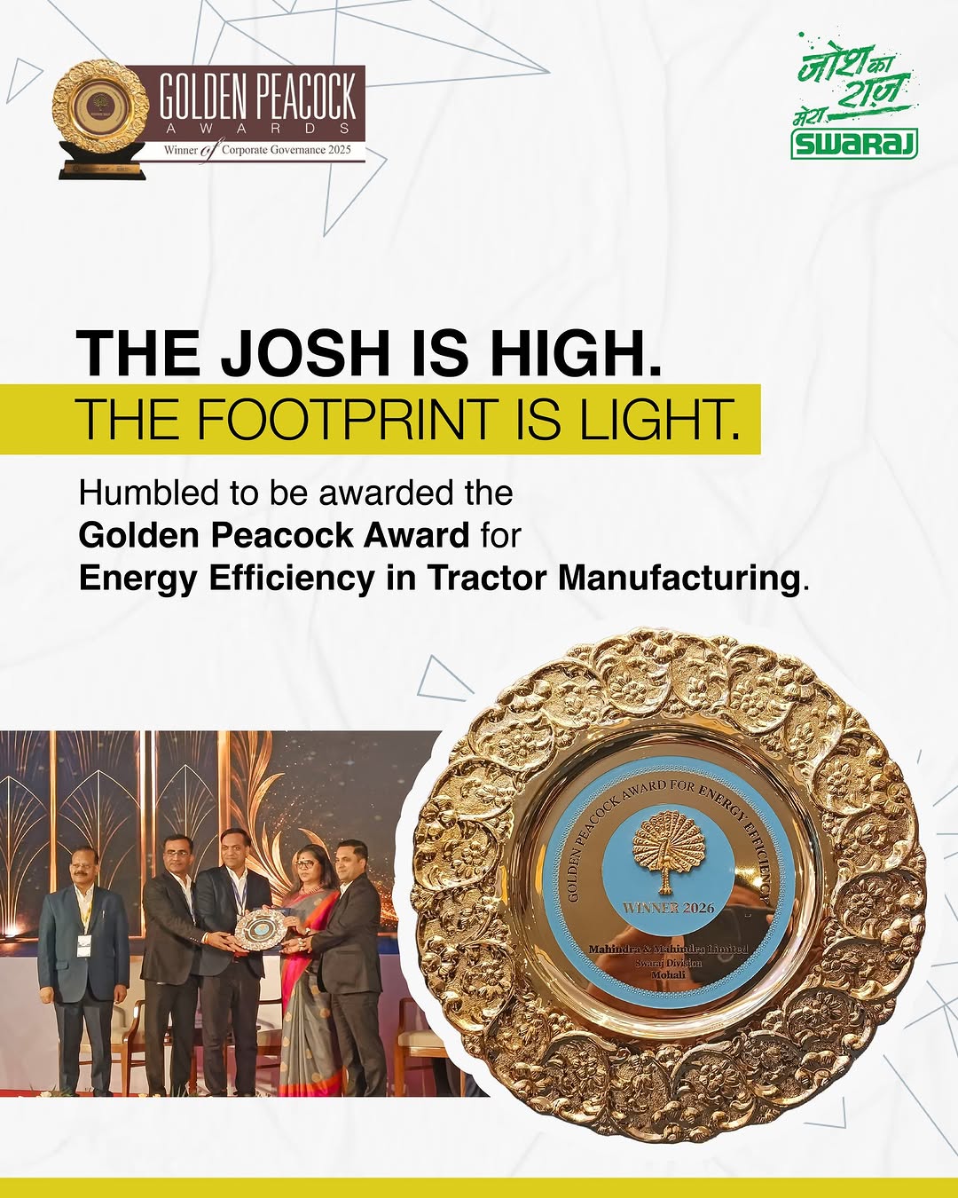 Swaraj is proud to share that we have been honoured with the prestigious Golden Peacock Award for Energy Efficiency 2026...