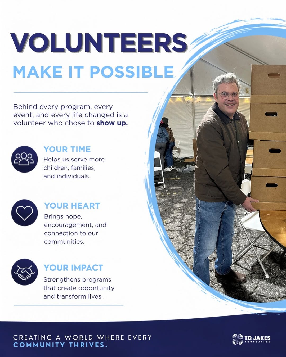 Behind every life changed is someone who chose to serve. 💙

Volunteers are at the heart of the work we do, helping create opportunities and strengthen communities across the country. If you're looking for a meaningful way to make a difference, we'd love to have you join us.

To get involved, email communications@tdjfoundation.org to connect with our team.

#TDJakesFoundation #Volunteer #CommunityImpact