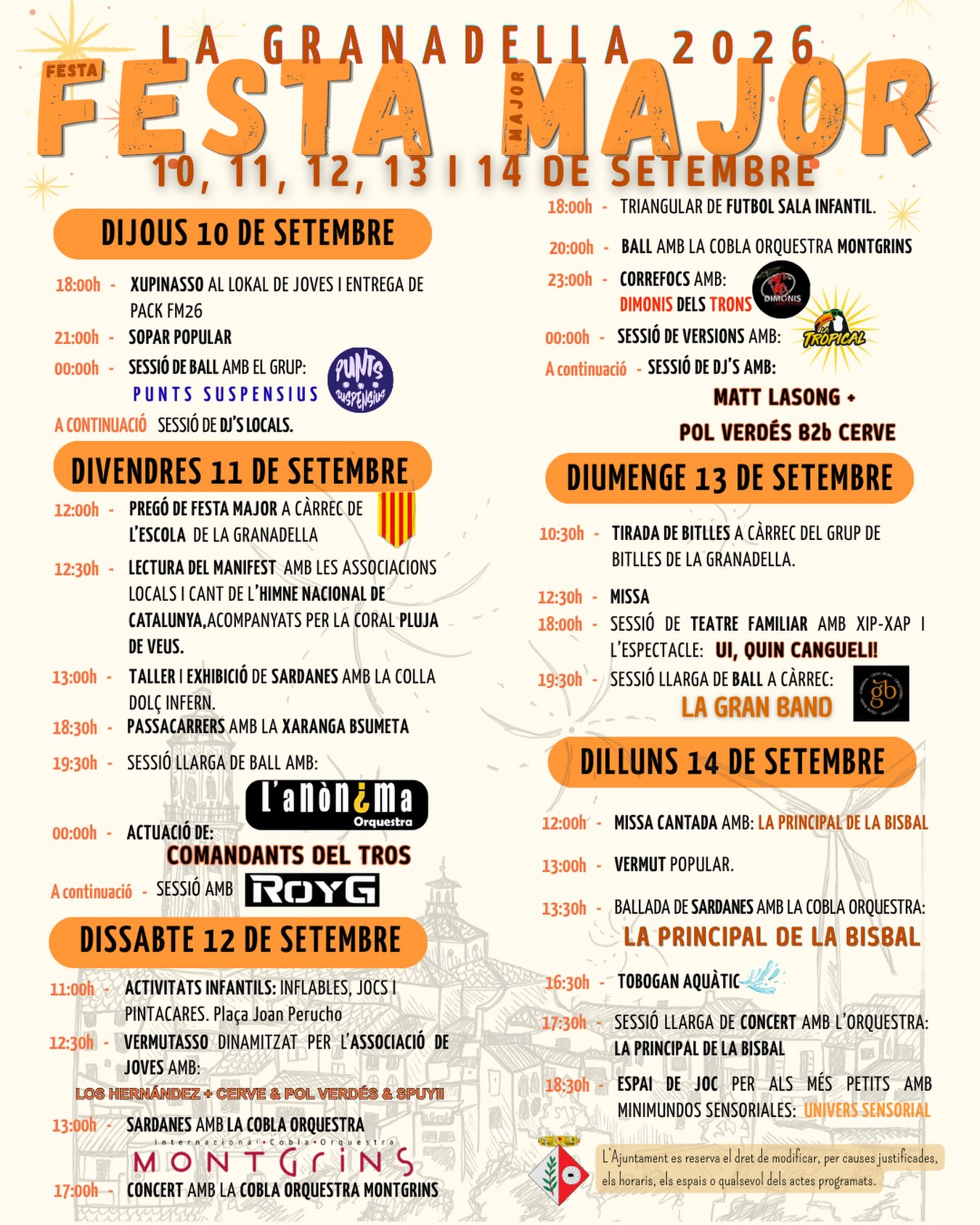 🎉 Amb el setembre arriba LA FESTA MAJOR 2026! 🎉

La Granadella es prepara per viure cinc dies de festa, música, tradició, cultura i retrobaments!

📅 Del 10 al 14 de setembre, el poble s’omplirà d’activitats per a petits i grans: música, ball, sardanes, activitats infantils, vermut, sopar popular… i moltes ganes de passar-ho bé!
Aquí teniu el programa complet de la Festa Major 2026.
Guardeu-lo, compartiu-lo i comenceu a preparar-vos! 
Bona Festa Major!