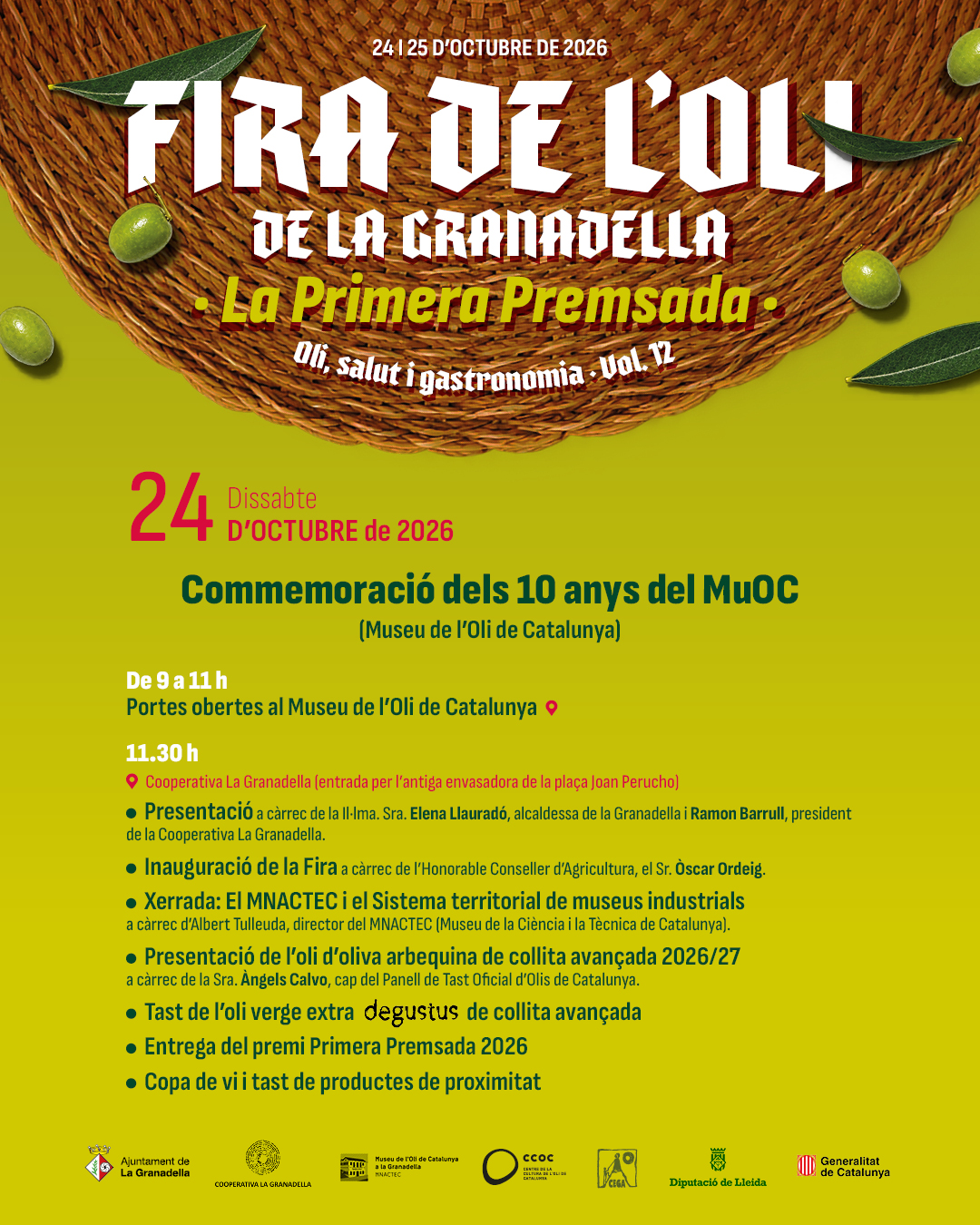 Ho estàveu esperant... i ja el tenim aquí! 🔝👏🏼 

Llisca i descobreix tots els actes i activitats de la Fira de l’Oli de la Granadella ‘La Primera Premsada’ 🥳

Us esperem per tastar l’oli verd del raig i gaudir de valent! 💚

Compra de tiquets a l’enllaç del perfil! ⬆️

#CooperativalaGranadella #Degustus #NovaCollita #FiradelOli #PrimeraPremsada